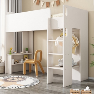 Flieks Hochbett Kinderbett Einzelbett 90x200cm mit Stauraumfächern und Kleiderschrank