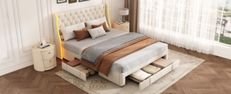 Bett mit Schubladen und LED-Lichtern, 140x200cm Beige Samt