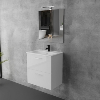 Vitra Badmöbel-Set mit Waschbecken und LED Badspiegel – Waschtisch mit Unterschrank, (Waschbecken mit Unterschrank 60 cm Breit, Waschbeckenunterschrank Weiss), Badezimmerschrank mit Spiegel mit Beleuchtung