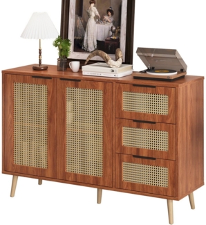 OKWISH Sideboard Vintage Rattan Küchenschrank,mit 2 Türen & 3 Schubladen (Vintage Rattan Sideboard mit 2 Türen & 3 Schubladen)