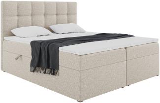 MEBLINI Boxspringbett NILS 160x200 cm mit Bettkasten - H3/Beige Webstoff Polsterbett - Doppelbett mit Topper & Bonellfederkern-Matratze