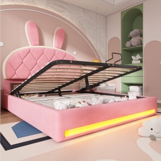 TavilaEcon Boxspringbett Hydraulisch Polsterbett mit Kaninchen-Kopfteil und LED-Lichtstreifen, Bequemes Samt-Material, Bettrahmen mit Metallträger, 140×200cm