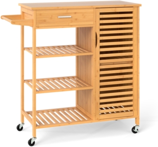Küchenwagen mit Stauraum Bambus-Rollwagen Servierwagen mit Schublade 3 offene Regale Einzeltür-Schrank Natur
