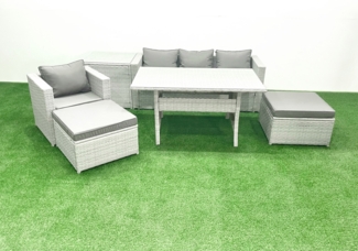 Fimous Polyrattan Gartenmöbel-Set Outdoor 6 Sitzer mit Glasplatte Esstisch und Beistelltisch Hellgrau gemischt