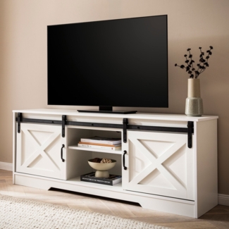 FineBuy Lowboard Weiß 150 x 59,5 x 39,5 cm TV-Kommode Landhaus-Stil Modern, Design TV-Schrank Hoch, Fernsehtisch Fernsehschrank mit zwei Schiebe-Türen, Fernsehkommode Wohnzimmer