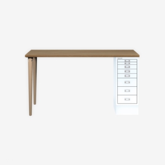 MultiDesk, 2 Eichenfüße, 1 MultiDrawer mit 8 Schüben, Dekor natürliche Eiche, Farbe Verkehrsweiß, Maße: H 740 x B 1400 x T 600 mm