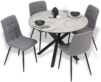 Esstisch mit 4 Stühlen Set Essgruppe Polsterstühle Leinen Grau Esszimmertisch Rund Ø 110 cm Modern Metall Schwarz