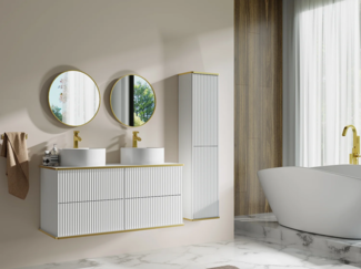 Vente-unique - Waschbeckenunterschrank hängend mit rundem Aufsatzwaschbecken und Säule - Streifenoptik - Weiß - 120 cm - KELIZA