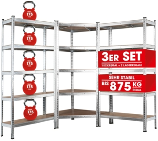 EASYmaxx Schwerlastregal 180 x 90 x 40 cm | Eckregal & 2 Lagerregal | 2625 kg Traglast, 175 kg pro Ebene | Regal und Werkbank | Kellerregal, Lagerregal mit 15 verstellbaren Ablagen