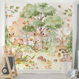 Bilderdepot24 Kindertapete Kinderzimmer Aquarell Waldtiere Bär Fuchs Baum Kinder Wanddeko, Glatt, Matt, (Vliestapete inkl. Kleister oder selbstklebend), Mädchenzimmer Jungenzimmer Babyzimmer Bildtapete Fototapete Wandtapete