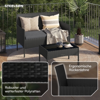 STEELSØN 'Thalora' Gartensofa 2er-Sitzer, inkl. Kissen, schwarz/anthrazit, 82x57x103 cm, aus Polyrattan