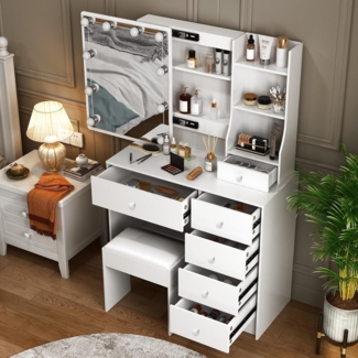 LED Schminktisch mit Schiebespiegel 6 Schubladen