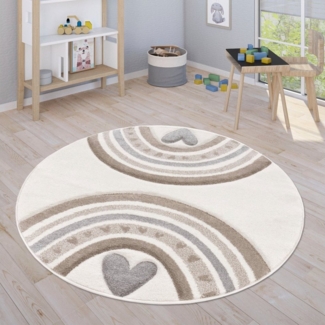Paco Home Kinderteppich Cosmos 351, rund, Höhe: 16 mm, Kurzflor, Spielteppich, Motiv Regenbogen & Herz, Kinderzimmer