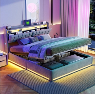 PXloue Polsterbett LED Doppelbett, Bettkasten, Ladefunktion, Samt, 140x200 cm