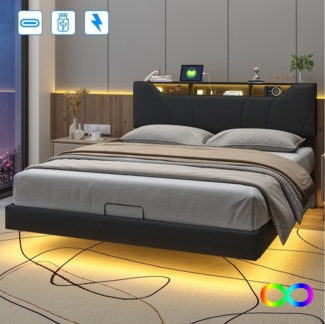 Furnishings Home Polsterbett Doppelbett mit LED Licht,Hydraulisch anhebbarer Stauraumbett (Set, Jugendbett, Leises Design Bett, Belastbarkeit 300 kg, 160x200 cm), Mit Lattenrost und Ladefunktion, PUmaterial Polsterbett
