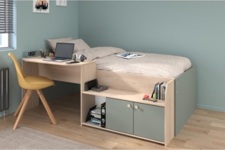 Vente-unique - Kombibett + Lattenrost + Matratze - 90 x 190/200 cm - Holzfarben & Grün - MIVONA