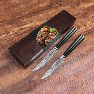 Damast Steak Messer Set in schöner Geschenkbox BBQ 73 Lagen Oliven Holzgriff Sehr scharf Besteckmesser Pizzamesser