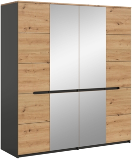 Homes & Jones Kleiderschrank Sova 4-türig – Eiche-Optik & Schwarz, mit Spiegeltüren, 180x198x59 cm, Kleiderstange & Stauraum, modernes Design fürs Schlafzimmer