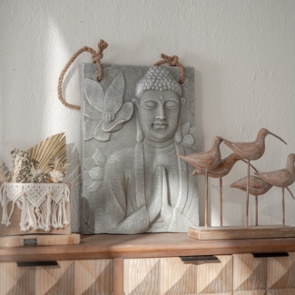 K&L Wall Art Wanddekoobjekt Buddha Wandskulptur Steinoptik asiatische Feng Shui Deko 3D Wandfigur (Buddha Wandbild), mit Seilaufhängung