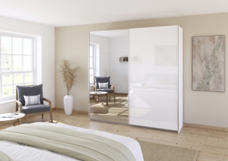 rauch Quadra, Kleiderschrank, Schiebetürenschrank, 2-türig, mit Spiegel und Glasfront, mit 3 Kleiderstangen und 6 Einlegeböden, Farbe Weiß/Glas Weiß, BxHxT 226x229x62cm