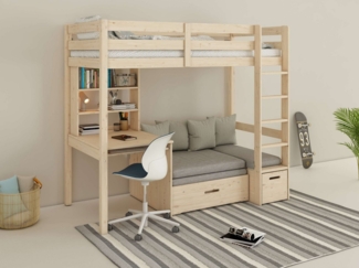 OTTO home Etagenbett HENNE' TOPSELLER! Hochbett, Ideal für kleine Räume, 2 Schlafplätze (zweiter Schlafplatz ausziehbar, B/H/T ca. 208/180/105cm), mit Polsterauflagen+ Schreibtisch + Stauraum, mehrere Farben