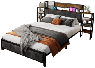 HAUSS SPLOE Metallbett 140x200cm Kopfteil mit Regal, 3 usb-anschlüsse, Metallrahmen, Schwarz