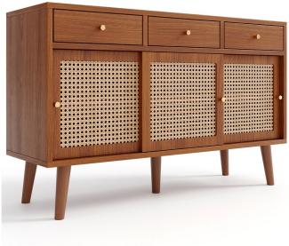 YNOFIT Sideboard Kommode mit 3 Schubladen und 3 Schiebetüren, Rattangeflecht auf den Türfronten, Golden Metall Bügelgriff