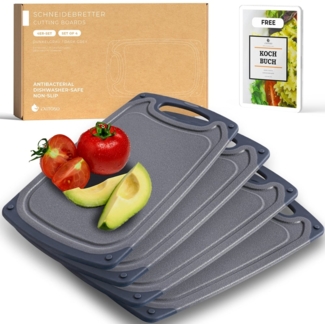 Exitoso Schneidebrett mit Saftrille, spülmaschinenfest und rutschfest, Kunststoff, 25x15 cm, Grau, 4 Stück