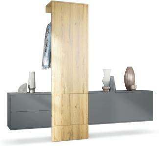 Garderobe Carlton Set 1, Flur-Garderobe aus Deko-Paneel, Schubladen-Kommode & Schuhschrank, Anthrazit matt / Eiche Natur (209 x 193 x 35 cm)