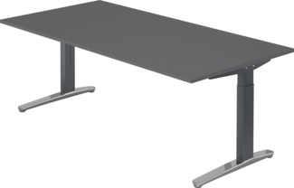 bümö manuell höhenverstellbarer Schreibtisch 200x100 in graphit Gestell in graphit/alu - PC Tisch höhenverstellbar & groß, höhenverstellbarer Tisch Büro, großer Computertisch verstellbar, X2E-G-GC