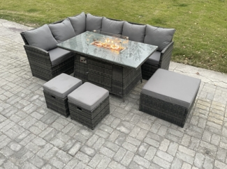 Fimous Outdoor Gartenmöbel-Set Hoher Rücken Ecksofa Gas Feuertisch Sets mit 3 Fußhockern 9 Sitzer Dunkelgrau gemischt