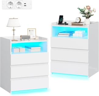 MSMASK Nachttisch mit 3 Schubladen, Steckdosenleiste und LED-Beleuchtung (2-St), Nachtschrank, Beistelltisch, 40x35x60cm