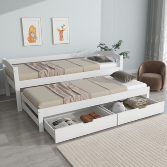 TavilaEcon Stapelbett mit 2 MDF-Schubladen, Schiebebett mit Rollen unten, weiß, Einzel- und Doppelbett, Massivholzrahmen, (200x90 cm/190x90 cm)