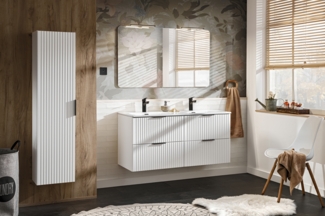 ADEL Badmöbel-Set 120 cm mit SKY Möbelwaschtisch, Hochschrank und Spiegel (46x120cm), Weiß matt