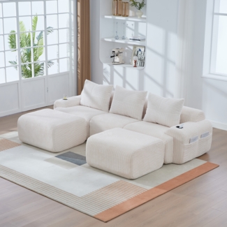 Flieks Cordsofa für 3 Personen mit 2 Hockern, inklusive Getränkehalter und Seitentasche, frei kombinierbar, Beige