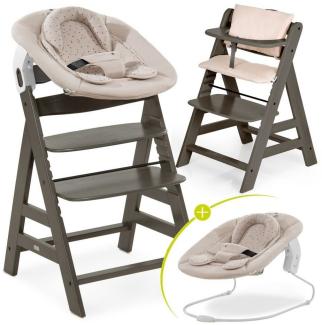 Hauck Hochstuhl Alpha Plus Charcoal - Newborn Set Pooh, Holz Babystuhl ab Geburt inkl. Aufsatz für Neugeborene & Sitzauflage