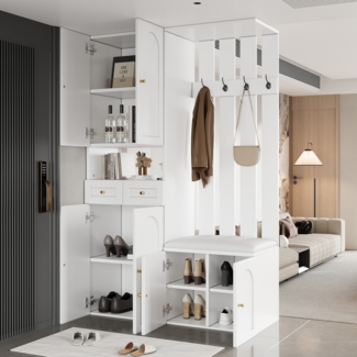 Merax 180cm Garderobenset, Wandgarderobe, Garderoben Set mit Schuhbank und schuhrank, 4 Haken, 6 Türen, 2 Schublade, Weiß