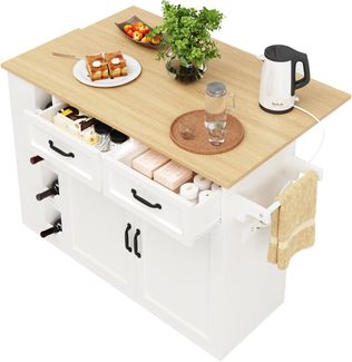 Kücheninsel H 90,7 x T 43/76 x B 131,5 cm, mit Steckdosen, Klappseite & 2 Schubladen, Weiß/Natur