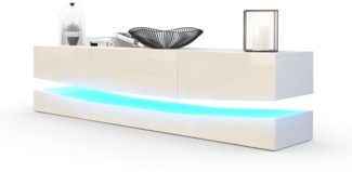 Vladon Lowboard City, TV-Kommode mit Sockelelement, 1 offenem Fach und 3 Schubkästen, Weiß matt/Creme Hochglanz, inkl. LED-Beleuchtung (178 x variabel x 39 cm)