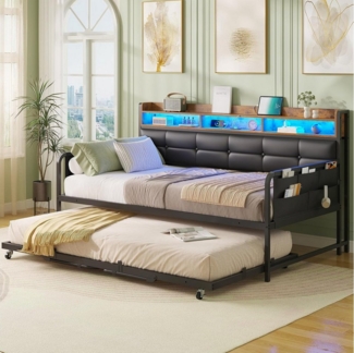 MSMASK Daybett Tagesbett mit Steckdosen & LED-Beleuchtung, Sofabett mit Ausziehbett, 90x200 cm/180x200 cm, PU Schwarz