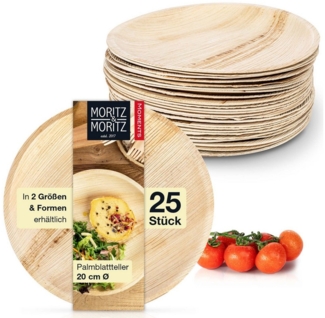 Moritz & Moritz Einweggeschirr-Set 25tlg Palmblatt Teller Rund Ø 25cm (25-tlg), 25 Personen, Palmblatt, Birkenholz, 25x25 cm