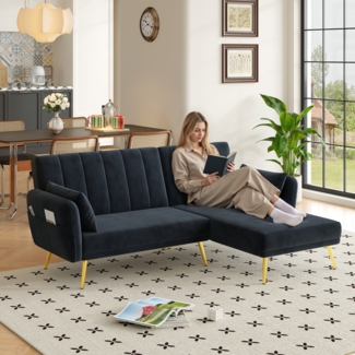 Merax Modernes Klappsofa, L-förmiges Sofa, Schlafsofa mit Zusatzecke, Ecksofa mit Schlaffunktion, Schwarz