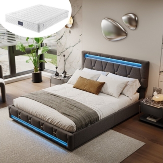 Furnishings Home Polsterbett Stauraumbett Doppelbett, Mit 7-Zonen Federkernmatratze, Mit LED-Beleuchtung, 4 Schubladen, Leinen, 140x200 cm