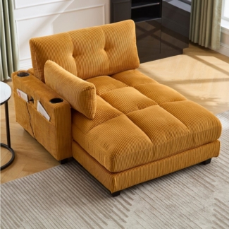 HAUSS SPOLE Schlafsofa Ecksofa Relaxsofa Polstermöbel mit Becherhaltern&USB Anschluss,Gelb, klappen für den kopf,3 Getränkehalter & eine Seitentaschen,dicke Polsterung, Cordstoff 1 Teile, Sitzsack mit rollenden polstern,für Schlafzimmer, Wohnzimmer, Grau