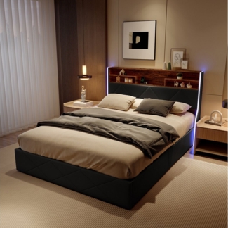 PXloue Funktionsbett Polsterbett, Hydraulisches Doppelbett, mit LED-Leisten, PU, 140x200