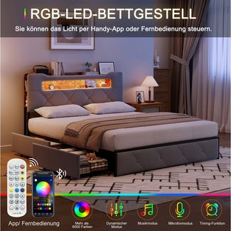 FUROKOY Polsterbett Doppelbett Stauraumbett mit 4 Schubladen Samtstoff, 140x200 cm,Gepolstert,Schubladen mit Rädern,Grau