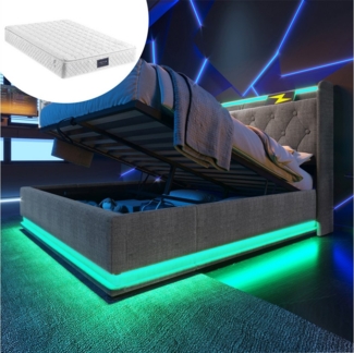 HAUSS SPOLE Polsterbett 160x200cm mit LED-Beleuchtung, Ladefunktion Grau Leinen mit Matratze (Stauraumbett, Funktionsbett, Lagerbett, mit USB Typ-C Ladefunktion, 160*200cm, mit Matratze), mit 360-Surround-LED-Funktion, Drucktaste/App/Fernbedienung