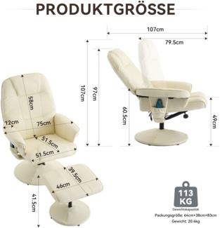 Massagesessel Relax-Fernsehsessel, mit Liegefunktion, Heizung, inkl. Hocker, 360° drehbar, PU-Stoff, beige