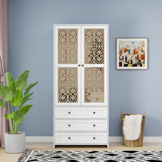MODFU Kleiderschrank Garderobenschrank (mit Schnitzmustern und Rattangeflecht – Boho-Garderobe mit 3 Schubladen, Aluminium-Kleiderstange, Ideal für Wohnzimmer, Schlafzimmer & Büro)