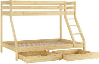 Doppel-Etagenbett 140x200 und 90x200 Erwachsenen-Stockbett Kiefer, Rollrost und Doppelbettkasten inkl.